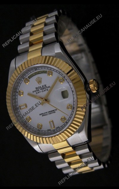 Rolex Day Date Just swissÂ Replica Two Tone Gold Watch in White Dial