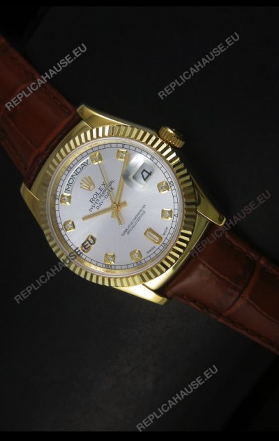 Rolex Day Date 36MM Yellow Gold Swiss Replica Watch - Silver Dial 